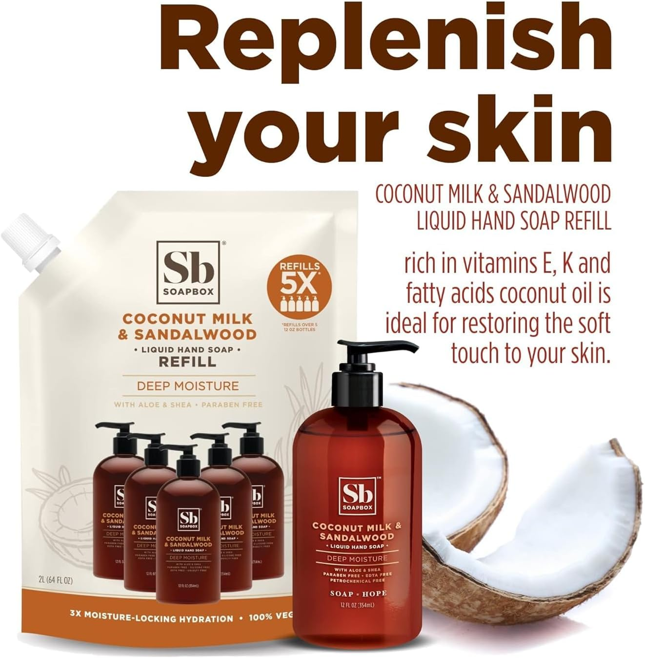 Soapbox Liquid Hand Soap, Coconut Milk & Sandalwood, Gentle & Moisturizing Hand Wash for Kitchen and Bathroom, Vegan & Cruelty Free Scented Hand Soap 12 Ounce Pump Bottles (Pack of 3) image number 7