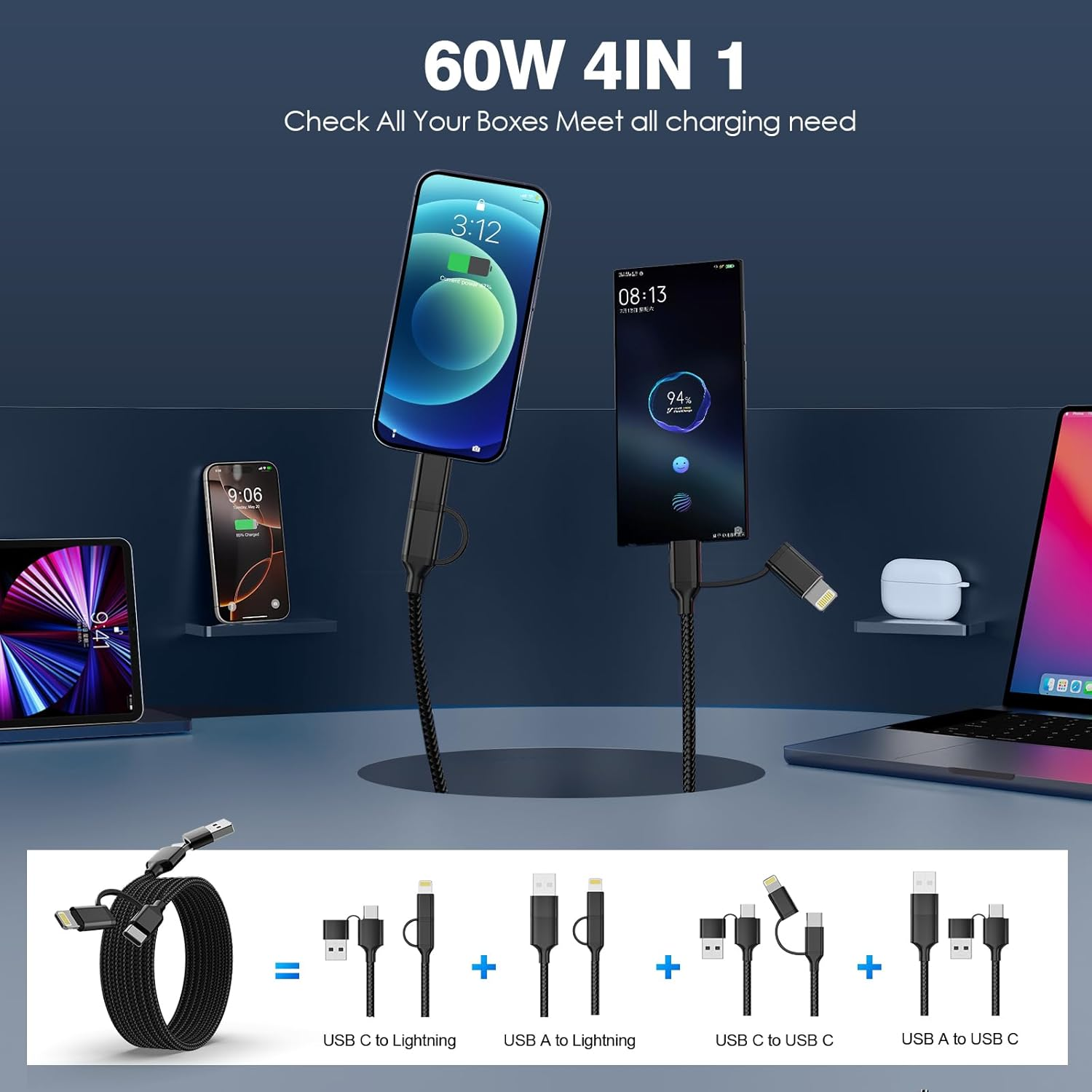 6M Extra Long Phone Charger Cord,Fast Charging USB-C and Lightning Cable 2 in 1 60W 6M USB C Charger Long Apple Charging Cord for Phone 17/16/15/14/13/12/11,Ipad,Macbook,Charge in Bed, Sofa image number 3