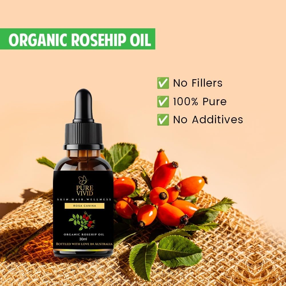 Pure Vivid Organic Rosehip Seed Oil 30Ml &ndash; 100% Pure Cold Pressed | Natural Unrefined Carrier Oil for Face, Skin, Hair & Nails | Non-Gmo |Oil for Daily Use | Amber Dropper Bottle image number 2