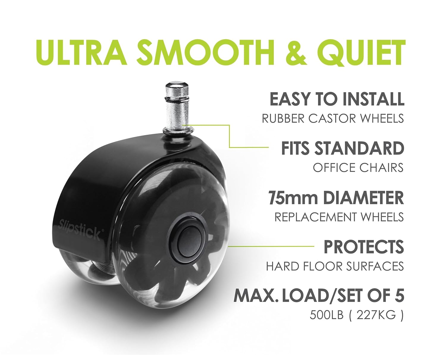 Monster 75Mm Dual Rollerblade Office Chair Wheels (Set of 5) Slipstick Premium Rubber Castor Wheels for Chairs, Smooth & Safe Rolling on All Flooring image number 3