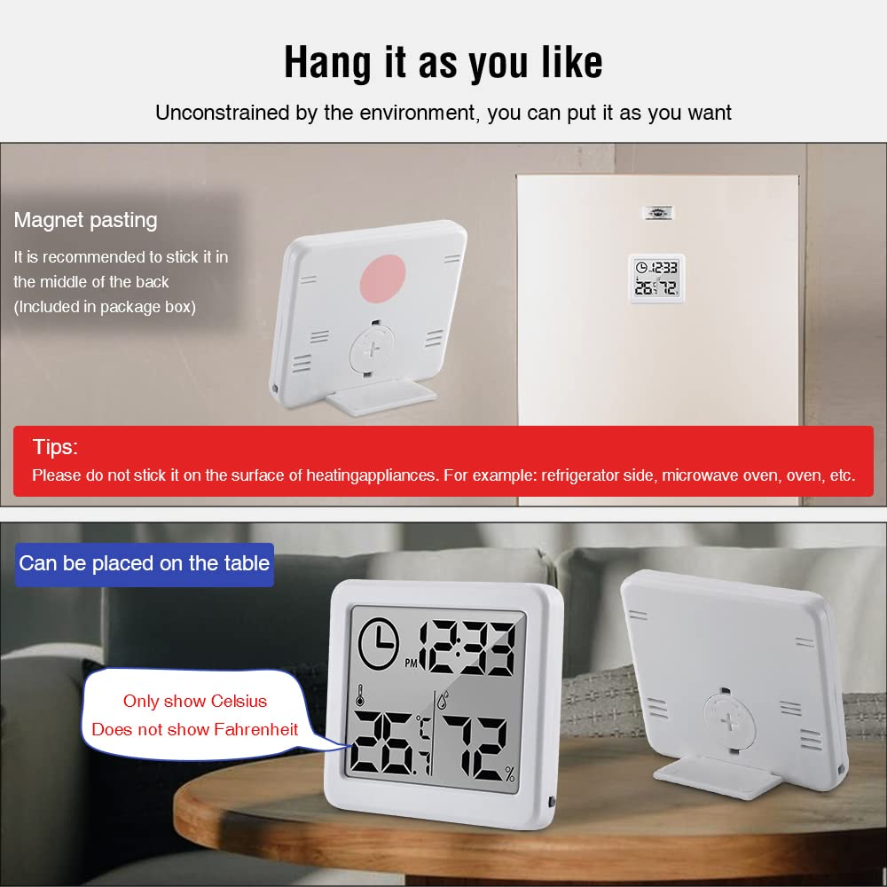 [2 Pack] 3.2 Inch Digital Indoor Hygrometer Thermometer, Room Humidity Gauge with Time Clock, High Accuracy Temperature Humidity Monitor with Magnet for Home Office Baby Room Greenhouse White