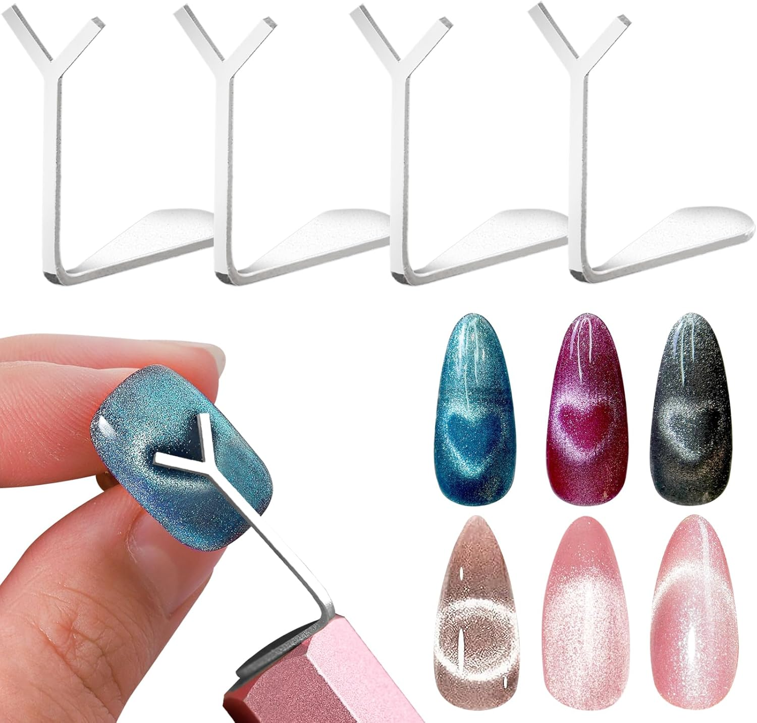 C12Rtive Heart Cat Eye Nail Magnet Tool,4 Pcs Professional Stainless Steel Heart Cat Eye Nail Magnet Tool for Cat Eye Gel Nail Polish,Suitable for Personal DIY, Nail Studio or Nail Salon image number 2