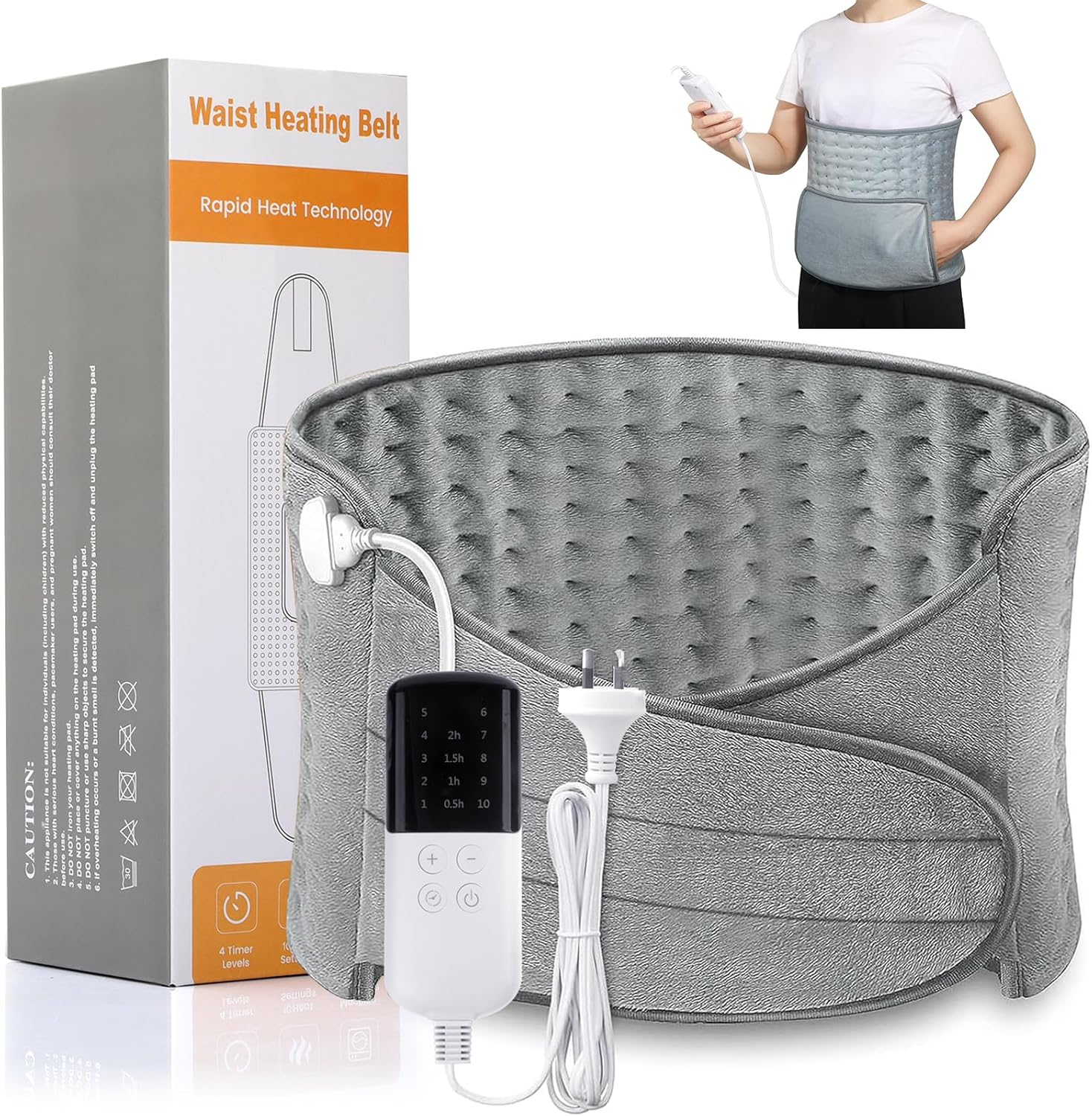 Heating Pad for Back Pain Relief Period Cramp, Koreal 30Cm X 60Cm Heated Pad with 60Cm Waist Belt, 10 Heat Levels 4 Time Setting Auto Shut Off, Electric Heating Pad for Shoulders Pain Relief, Grey image number 2