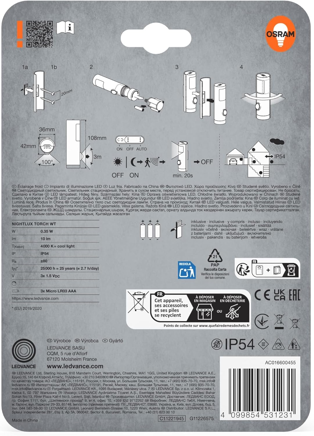 OSRAM Torch LED Night Light with Motion Sensor, White, 2-In-1 Torch Function, Light Sensor, Battery Operated, IP54 Splashproof image number 4