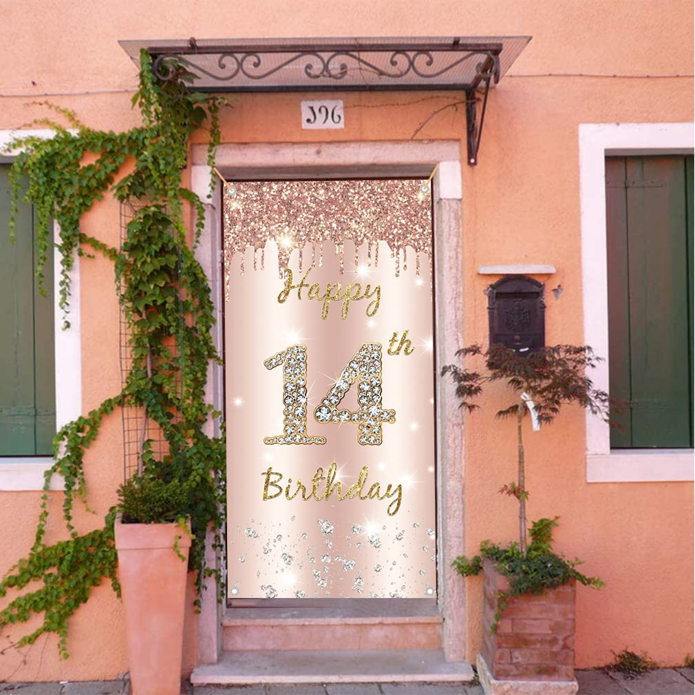 14Th Birthday Decorations for Girl, Happy14Th Birthda Y Backdrop Banner Rosegold Fabric Sign Poster, Girl 14 Years Old Party Supplies Door Banner Welcome Sign, 180 Cm X 90 Cm image number 3