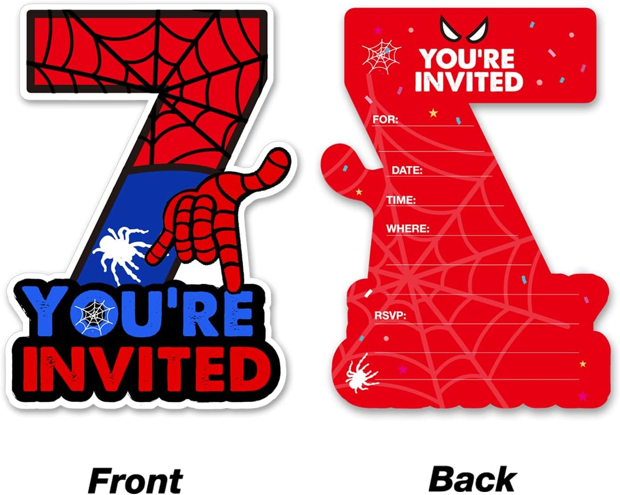 Cute Superhero 7Th Birthday Party Invitations Glitter Super Hero 7 Year Old Boy Birthday Shaped Invites Fill-In Invitations with Envelopes, Set of 20