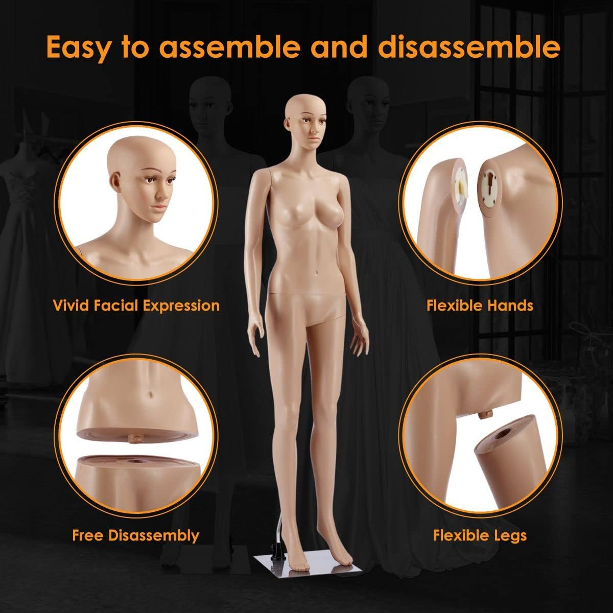 Female Mannequin Full Body Manikin Torso Display Stand Dress Form 175CM Adjustable Detachable Skin Tone image number 6