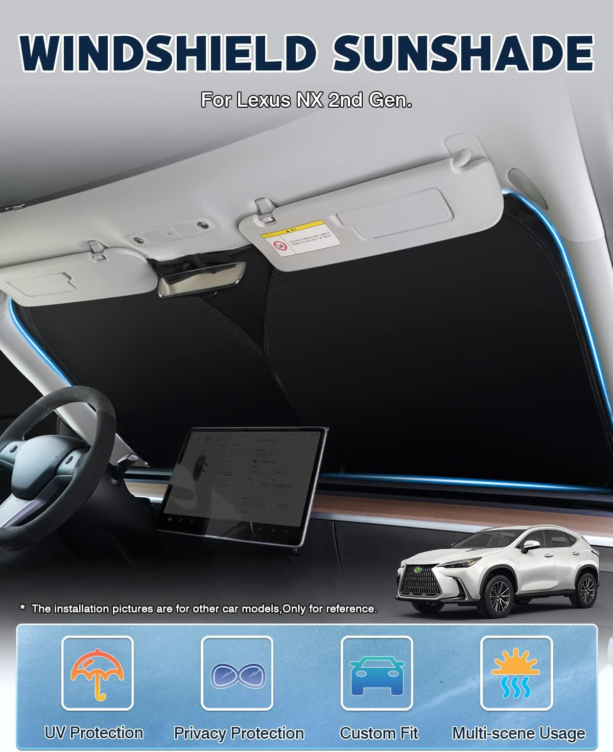 Karltys Compatible with Windshield Sunshade Lexus NX NX250 NX350 Nx350H Nx400H+ Nx450H+ 2022 2023 Front Window Sun Blocker with Storage Pouch Foldable Reflective Sun Visor Block Heat and Stay Cool image number 1