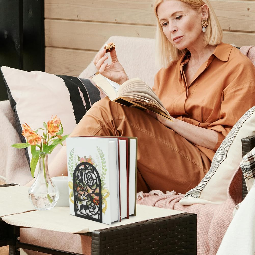 Elegant Rose Bookends Hollow-Out Rose Flower Book Ends Shelves Organizer Metal Book Stands Journal Book Holder Reading Room Decorative Bookends Library Book Stoppers for Office Home School (Black) - Black image number 3