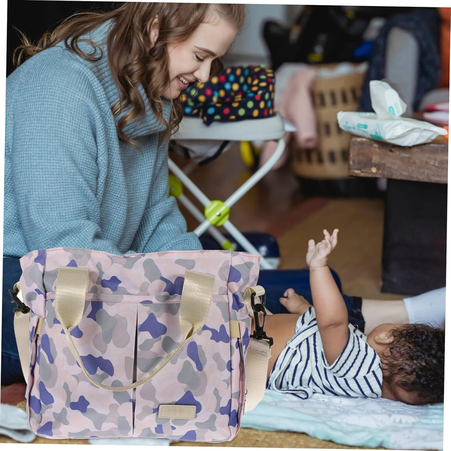 Toyvian Large Baby Storage Bag Mommy Handbag Shoulder Strap Blue Camouflage Convenient Baby Care and Travel Storage Bag for Mothers image number 3