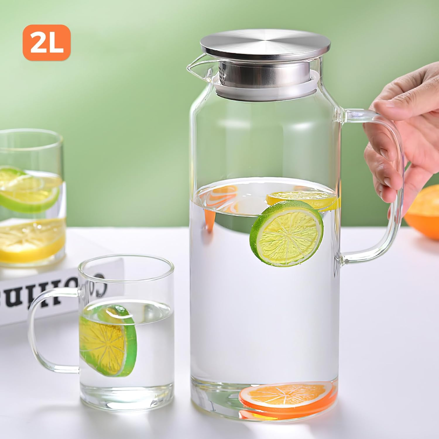 2L 68 Oz G Glass Water Jar with Lid and Handle, Refrigerator Jar, Iced Tea and Homemade Juice Jar, Heat-Resistant Borosilicate Glass Hot/Cold Water Jar. image number 2