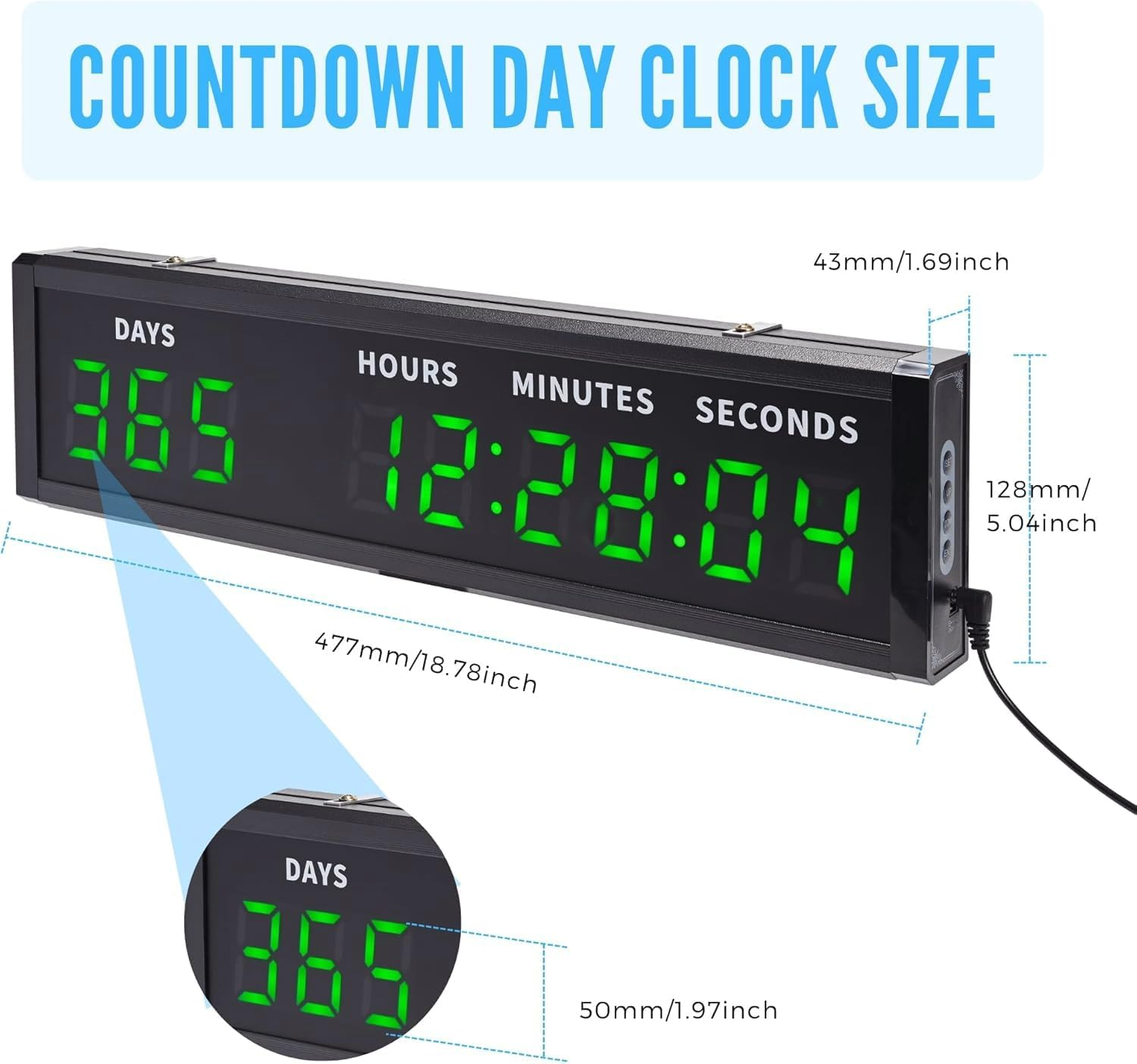 Digital Count up & Count down Timer, Large LED Display & 2" Bold Green Font, 999-Day Countdown, 12/24H Clock with Buzzer & Remote Control