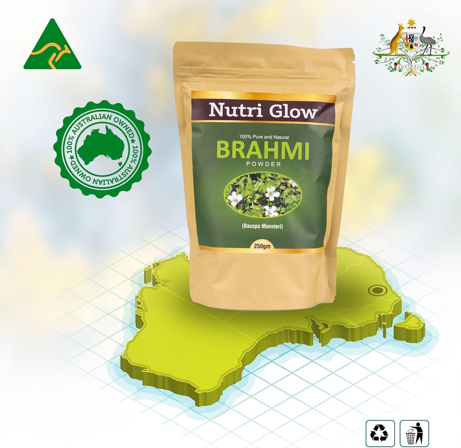 Nutri Glow | Brahmi Powder | 8.81 Oz (250 G) | Bacopa Monnieri | Superfood Supplement |Vegan | Ayurveda | Non GMO Supplements for Brain & Memory | Resealable Air Tight Pouch image number 4