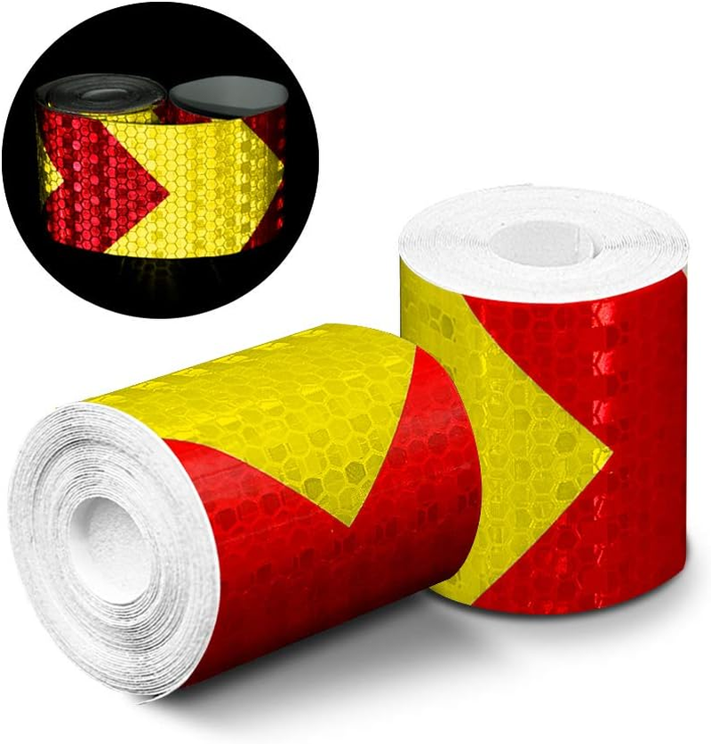 Reflective Tape, 2Pcs 3M*50Mm High Intensity Prismatic Waterproof Arrow Shape Reflective Safety Warning Tape Vinyl Roll Self-Adhesive Security Marking Tape (Red&Yellow) image number 1