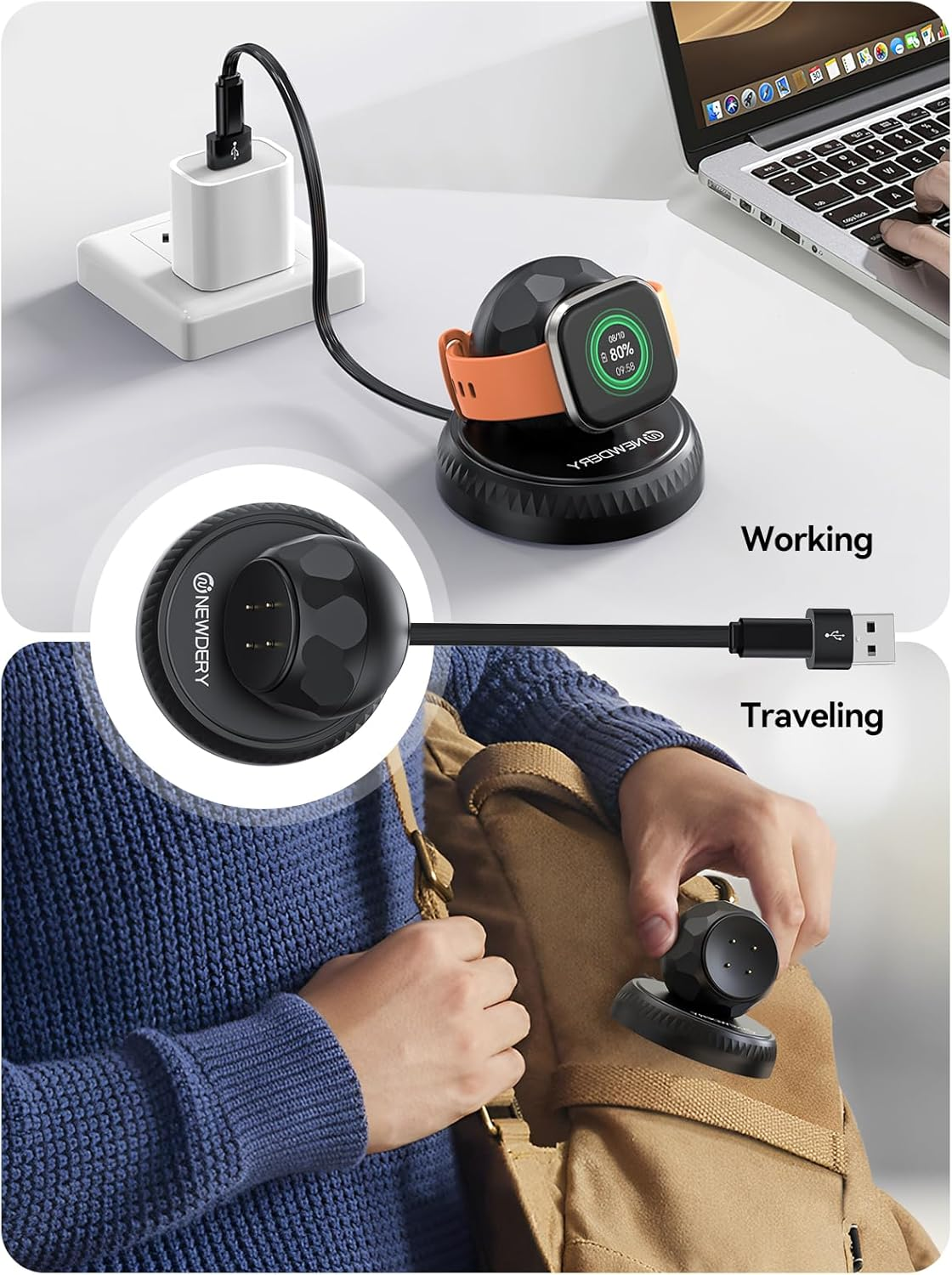 NEWDERY Charger Stand for Pixel Watch 3 2 & for Fitbit Sense 2/Versa 4 3, Retractable USB C Charging Cable with USB a Adapter, Portable Replacement Dock for Fitbit & for Google Smartwatch image number 3