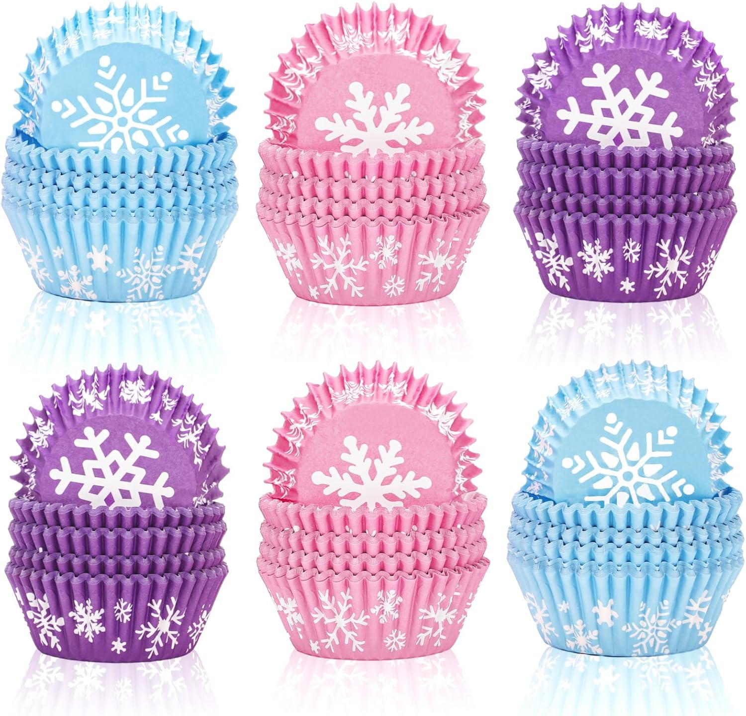 Whaline 600Pcs Winter Cupcake Wrappers Snowflake Cupcake Liners Pink Blue Purple Baking Liners Disposable Christmas Paper Muffin Cups for Home Kitchen Party Supplies, 2 X 1.2 In image number 1