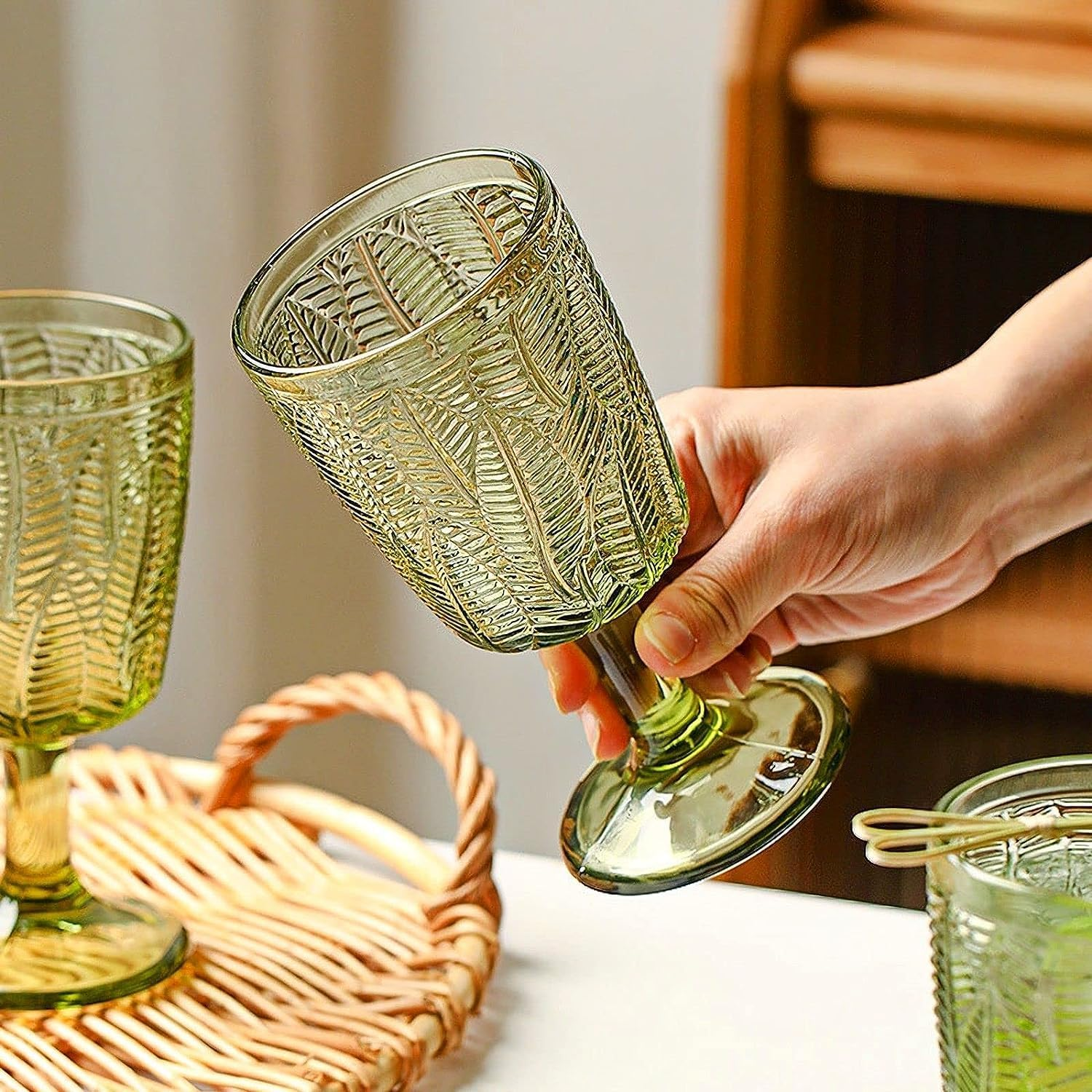 HZIYOU Vintage Green Wine Glasses Set of 4, 11 Oz Colored Glass Drinkware Sets, Embossed Floral Pattern Non-Slip, Unique Vintage Glasses Drinking, Goblet Glasses, Wedding, Party, Bar, Dinner (Green)