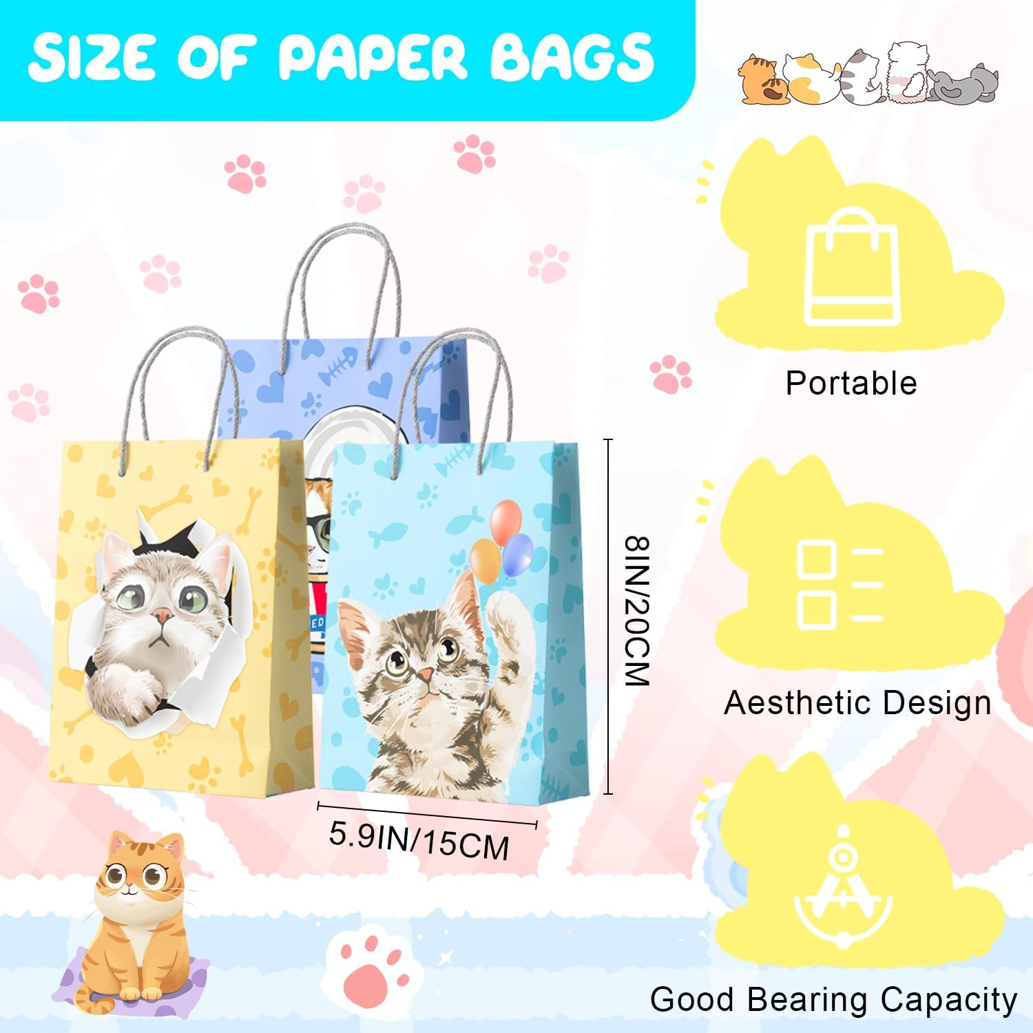 Cat Party Favors, 72Pcs Kitty Party Favors Set Including Cat Goodie Bags Ears Headband Stickers Keychains Slap Bracelets Etc Cat Themed Party for Birthday Decorations Supplies image number 5