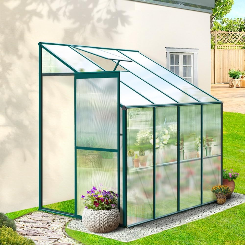 Green Fingers Lean to Greenhouse, Walk-In Polycarbonate Green House with Roof Vents, 252X127X213Cm Aluminium Frame Gardening Supplies with Lockable Door, Gutter System and Plant Storage Shelves image number 6