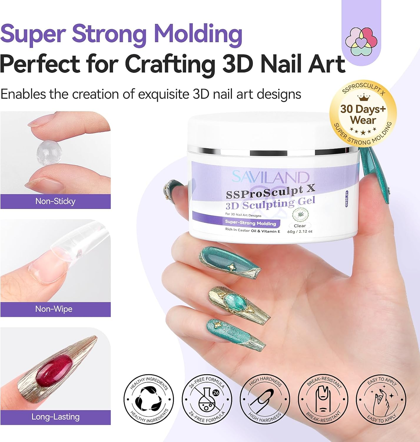 SAVILAND Sculpting Gel for Nail Art: Super Strong Molding 3D Gel Nail Art Clear Solid Sculpting Gel Non Sticky to Hands Nail 3D Gel 60 G Large Capacity Nail Extension Nail Art Salon Ssprosculpt X image number 1