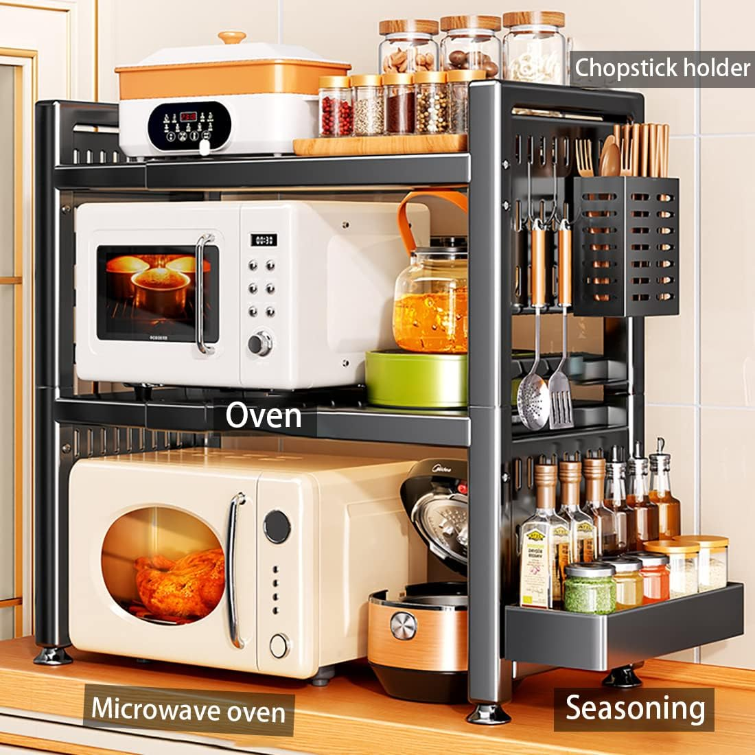 Microwave Oven Rack, 2-Tier Expandable Microwave Toaster Shelf with Utensil Holder, Adjustable Countertop Microwave Stand, Multi-Functional Carbon Steel over Microwave Shelf with 6 Hooks (Black) - Black image number 4