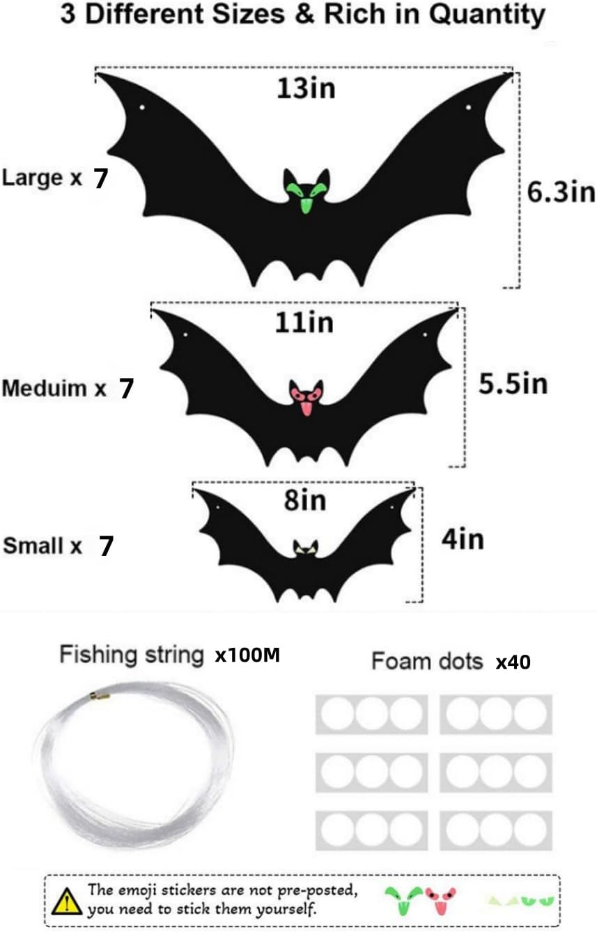 21PCS Plastic Bats Halloween Decoration outside Large Flying Outdoor Decor 3 Different Sizes with Cute Eye Stickers for Hanging in the Tree, Porch, Yard, Lawn, Indoor
