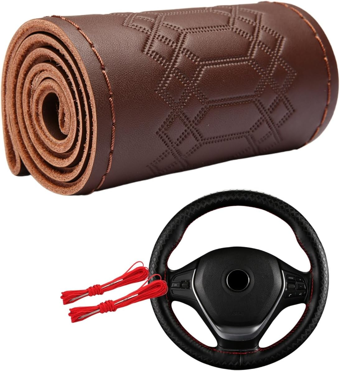Universal Leather Steering Wheel Cover, Non-Slip Stitch on Wrap, DIY Car Wheel Cover Protector with Needle and Thread for Most Cars Suvs and Trucks
