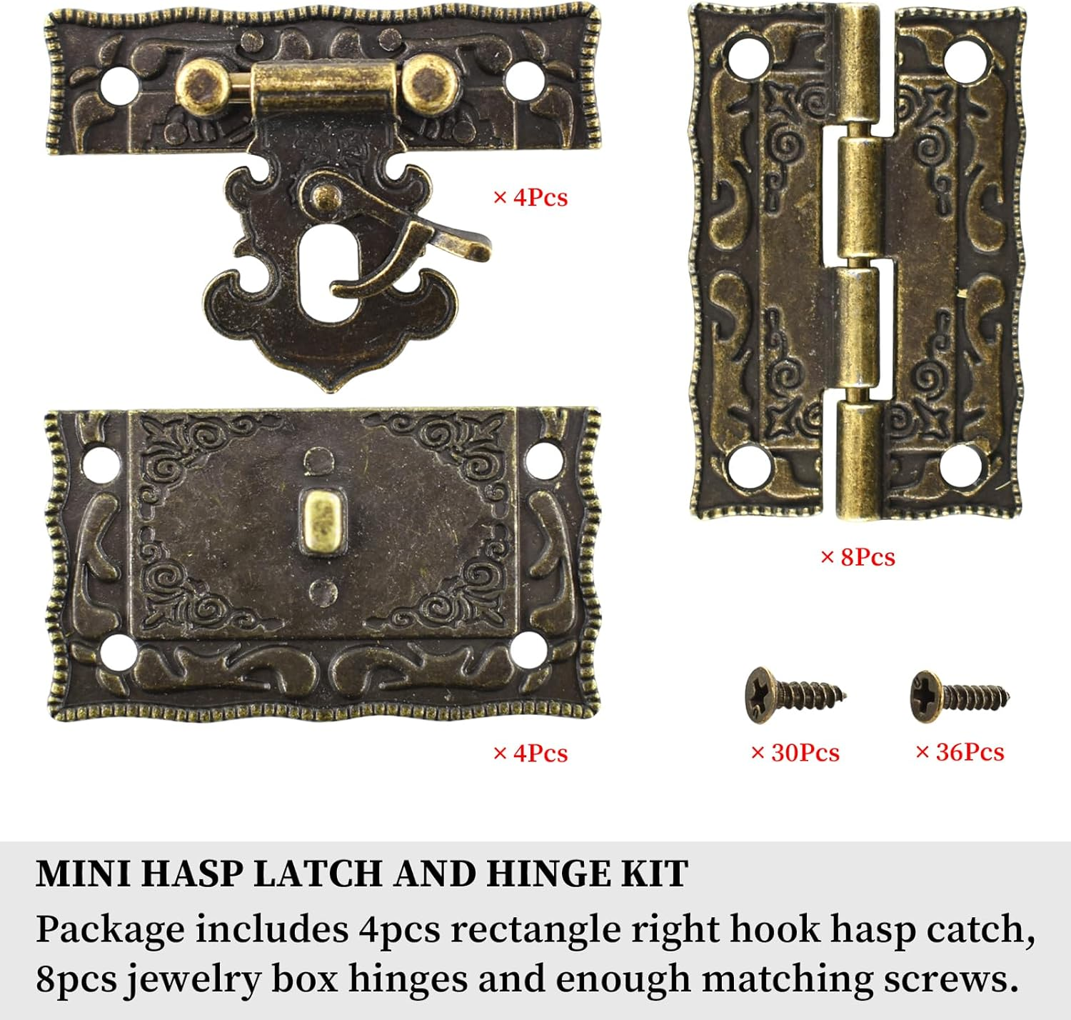Rectangle Antique Right Hook Hasp Latch Vintage Bronze Engraved Hinge with Matching Screws for Repair and Decorative Jewelry Box Wood Boxes 4 Sets image number 3