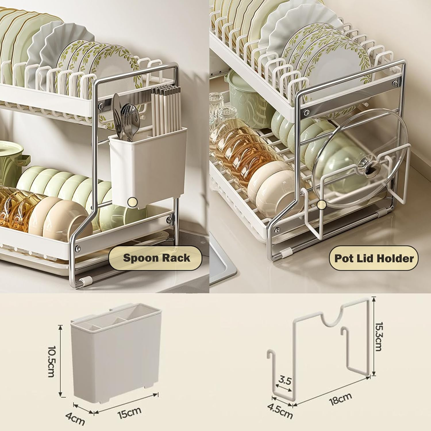 Hoisimdy Dish Drying Rack 3 Tier Kitchen Draining Rack Large Capacity with Cutlery Holder Drip Tray image number 6