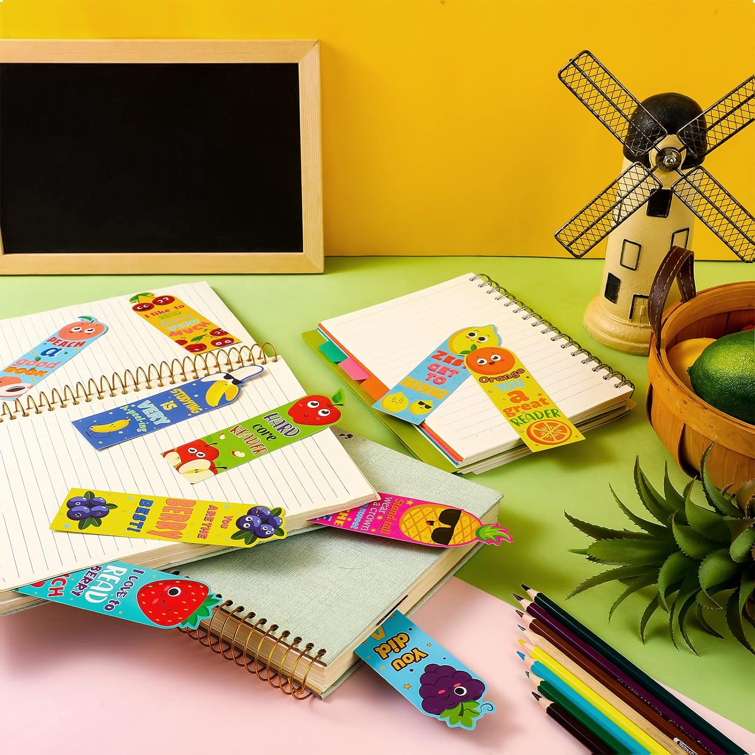 Fainne 60 Pieces Scratch and Sniff Bookmarks Kids Scented Bookmarks Educational Bookmark Assorted Smelly Bookmarks for Kids Students Reader, 12 Styles, 12 Scents (Fruit Style) image number 2