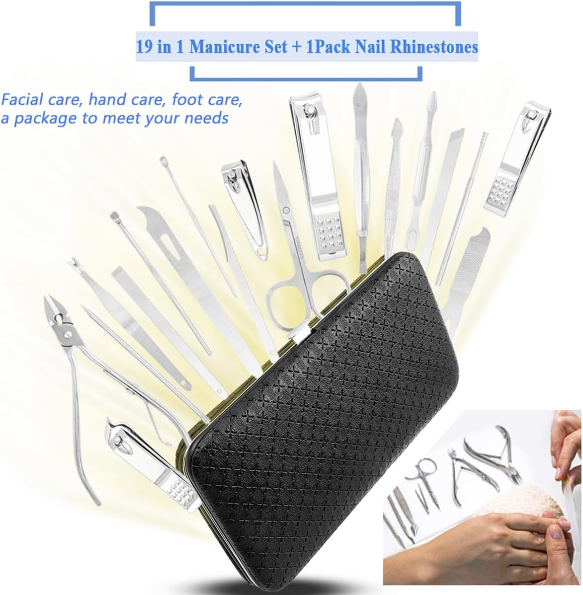 Wolfride 19Pcs Manicure Set Nail Clippers Pedicure Kit with Black Leather Case, Carbon Steel Professional Grooming Kit Nail Care Tools + Nail Rhinestones 1 Pack image number 2