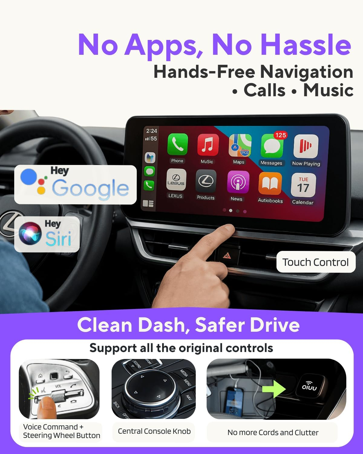 OIUU Mini Wireless Carplay Adapter & Android Auto Adapter, Latest SOC Chip Dual-Band Wifi, Bluetooth 5.0 No-Lag Stable Connect, Supports Factory Wired Apple Carplay/Android Auto, Car Accessories-J20 image number 2