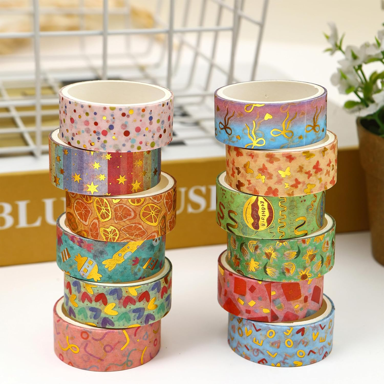 Songdao 12 Rolls Charming Washi Tape Set Gold Silver Foil Detailing Arts Adhesive Tapes Basic Patterns Decorative Masking Tape Sets for Craft, Kids, Scrapbook, DIY, Gift Wrapping (Whimsical Pastels) - Fruits Feast image number 3