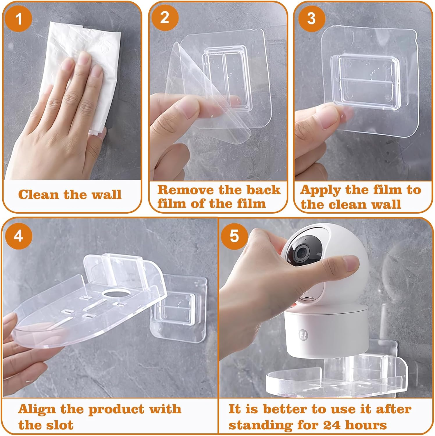 4 Pack Security Camera Wall Mount, Adhesive Baby Monitor Wall Moun Shelves, Universal Command Strip Shelf with Cable Clips (Transparent) image number 6