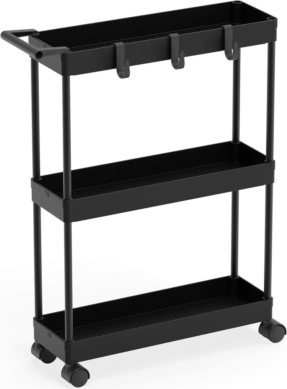 Simplehouseware 3-Tier Slim Rolling Cart with Handle and Hooks for Kitchen and Bathroom Trolley, Black image number 5