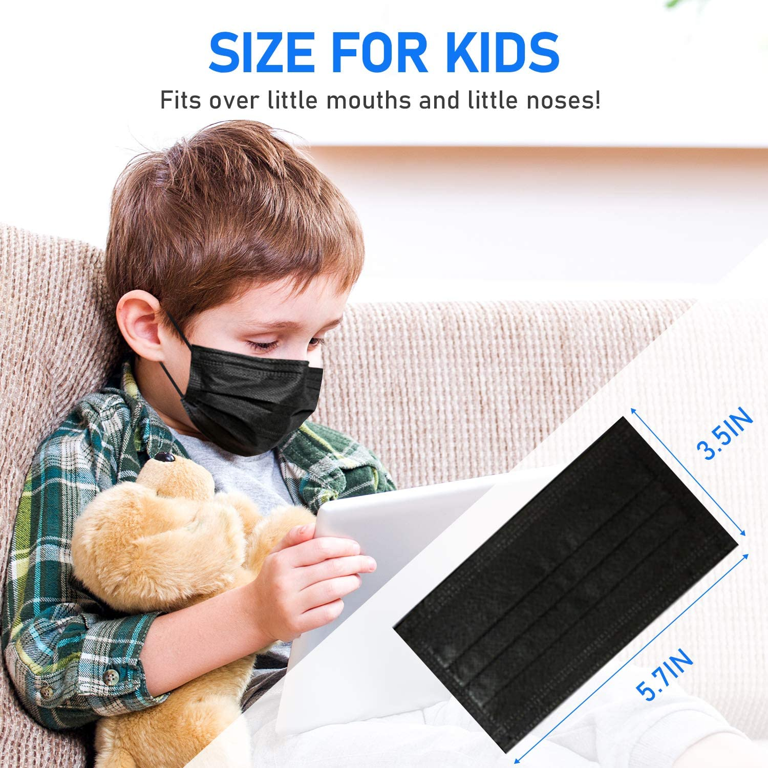 50PCS Individually Wrapped Black Disposable Face Mask for Kids, 3 Ply Face Mask Melt-Blown Fabric Protective Masks (50Pcs, Black) image number 5