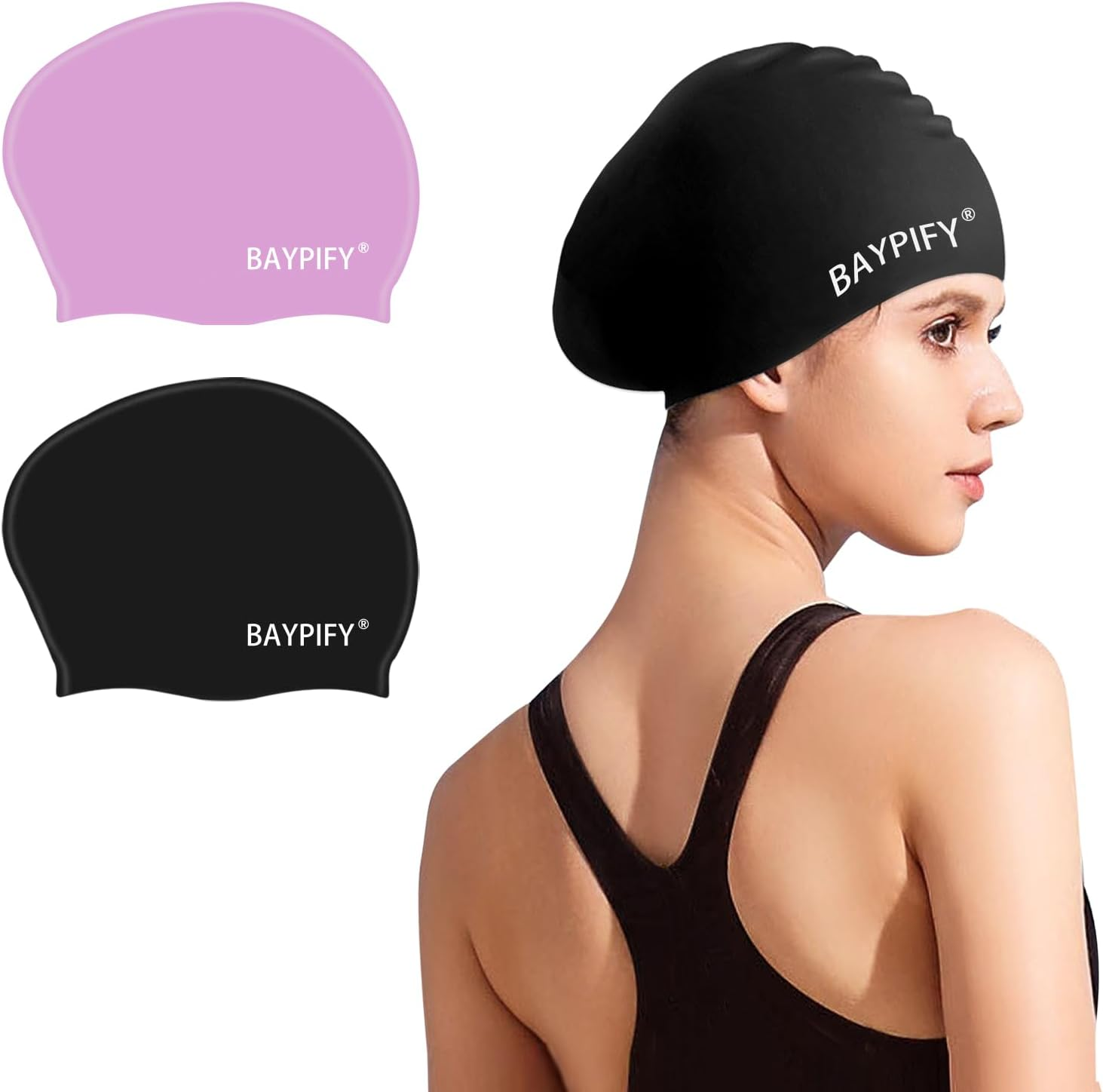 Baypify 2Pack Swim Cap for Long Hair, Silicone Swim Cap for Braids and Dreadlocks Women, Swimming Cap Cover Ears to Keep Your Hair Dry, Stretchable Durable and Anti-Slip image number 4