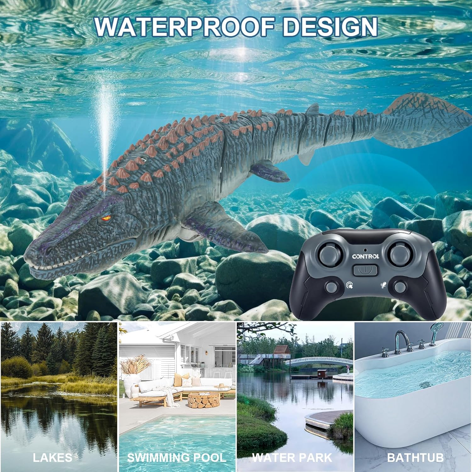 Remote Control Dinosaur Toys, High Simulation Dinosaur Toy with LED Lights for Swimming Bath Lake Ocean RC Boat Toys, 2.4Ghz Aquatic Remote Control Dinosaur Toys for Kids image number 2