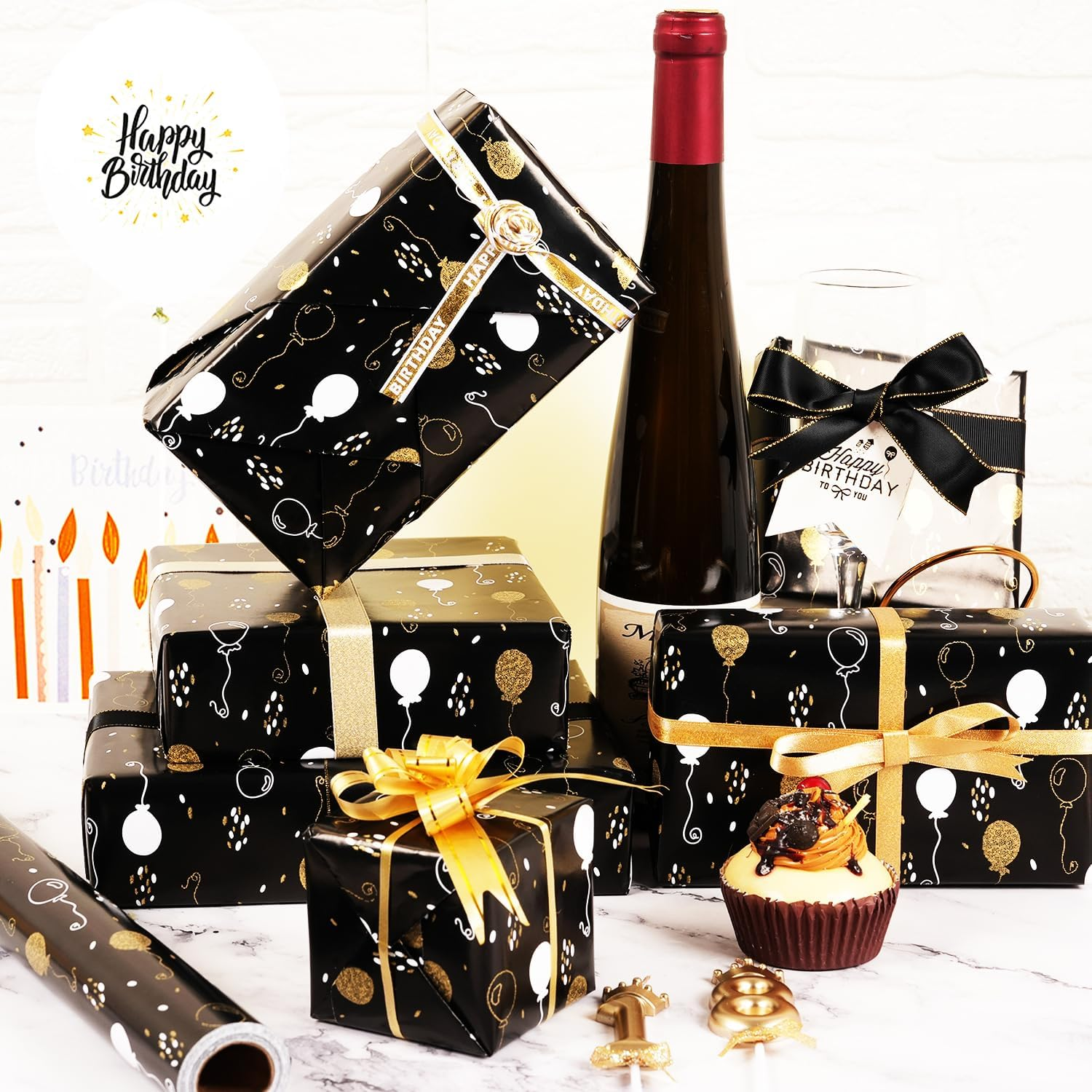 Birthday Gift Wrapping Paper Roll - Metallic Gold Black Wrapping Paper - Black Gold White Balloon Designs Gift Wrap for Birthday Baby Shower Holiday Party Decor - Mini Roll-17Inch*33Feet (Black Gold) - Colorful image number 5