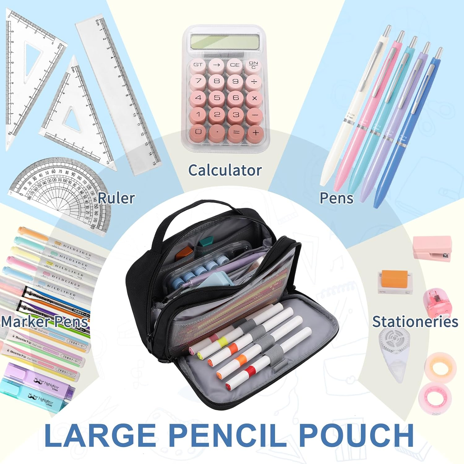 Pencil Case for School, Vaschy Large Cute Pencil Case Kids Pen Bag W Zippers Top Handle for Teens,Students,Adults School Supplies Organizer Black