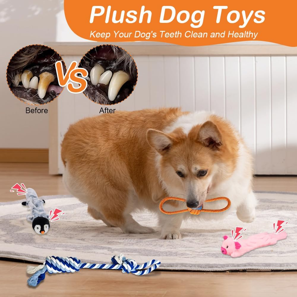 Interactive Squeaky Puppy Toys, Dog Chew Toys for Teething with Durable Rope Toys,4 Pcs Dog Chew Toys Plush Cute Animals Natural Puppy Toys image number 2