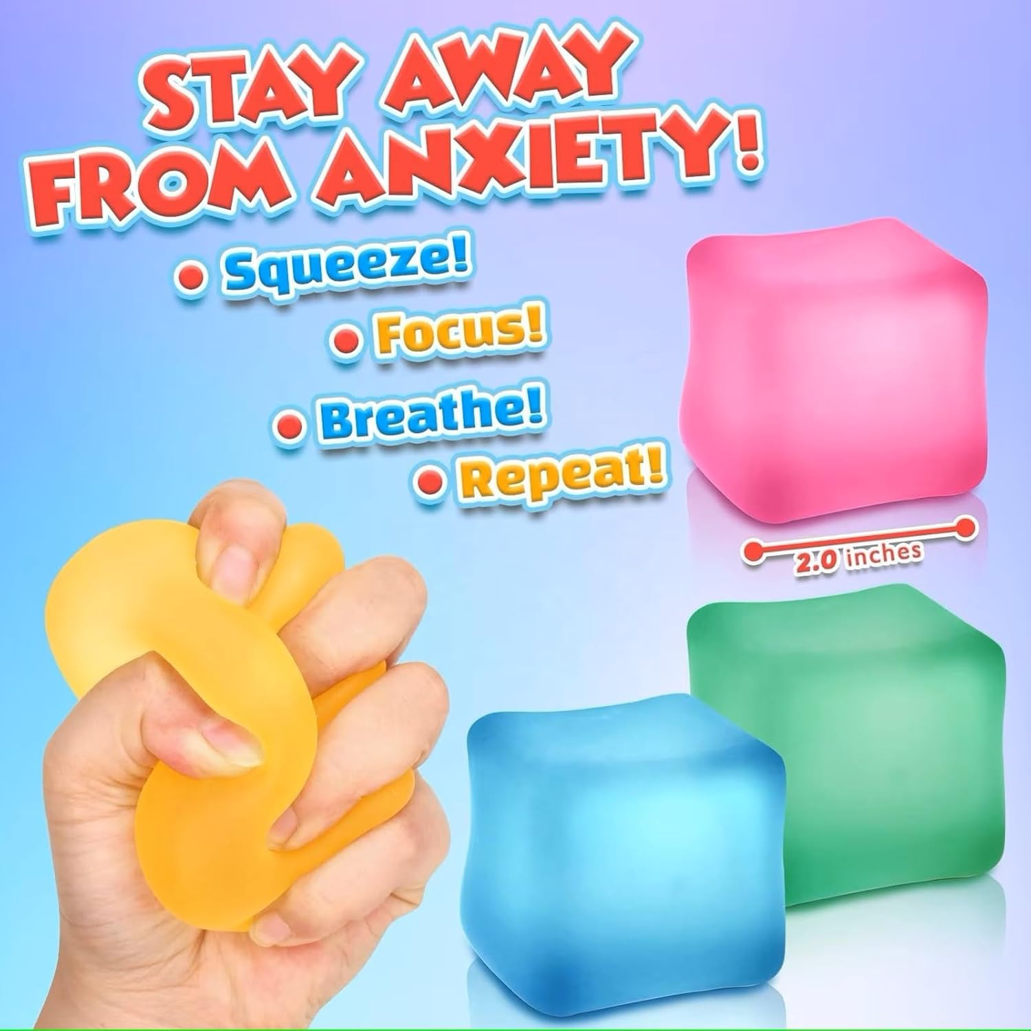 3 Pack Anxiety Annoyance Toys Stress Cubes. Glow-In-The-Dark Soft Gel-Filled Anxiety Relief Toys for Kids, Adults and Teens (3 Pcs, Red, Yellow and Blue) image number 5