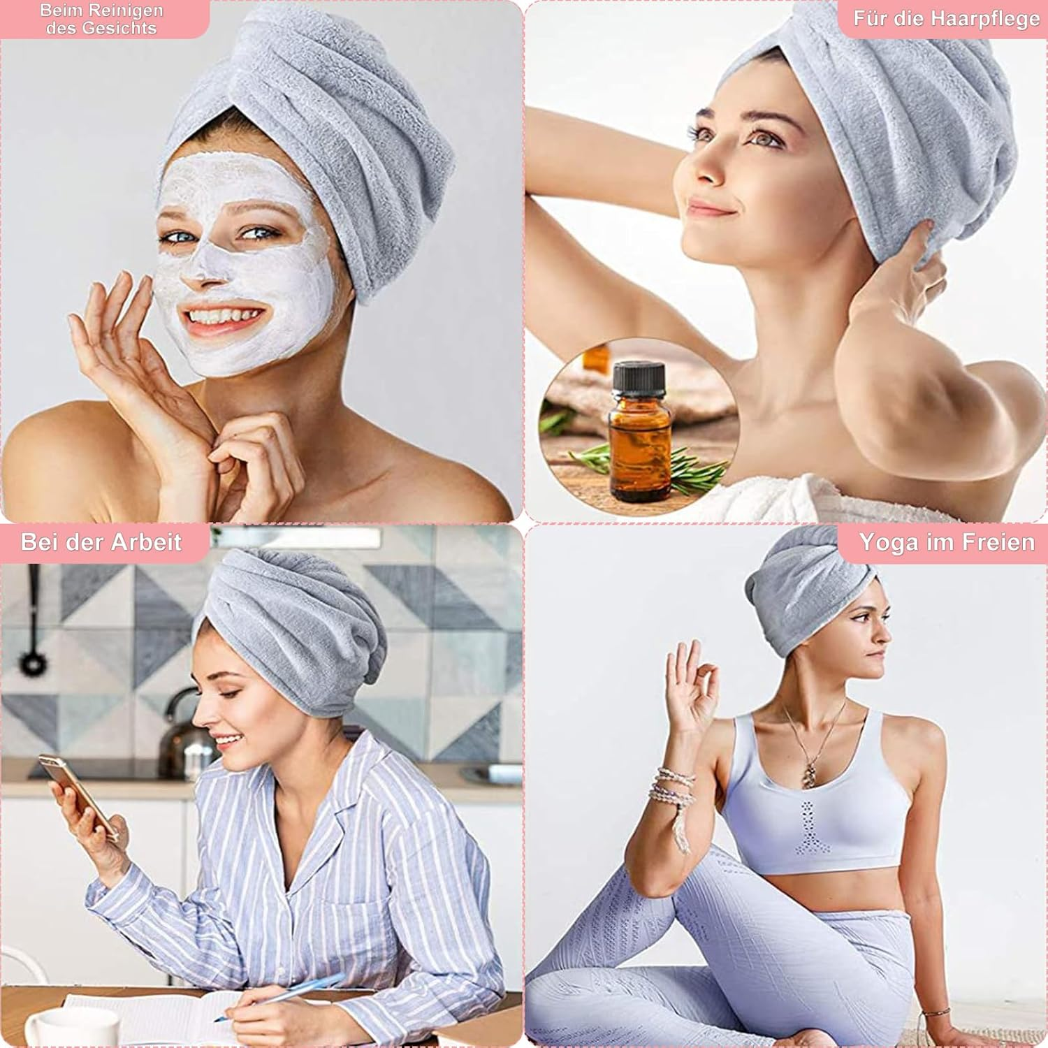 Huotflame Microfibre Hair Turban Set of 2 - Super Absorbent & Quick-Drying Women'S Towel Turban for Hair - Coral Fleece Head Towel with Button in Pink & Grey - 25 X 65 Cm Microfibre Towel image number 5