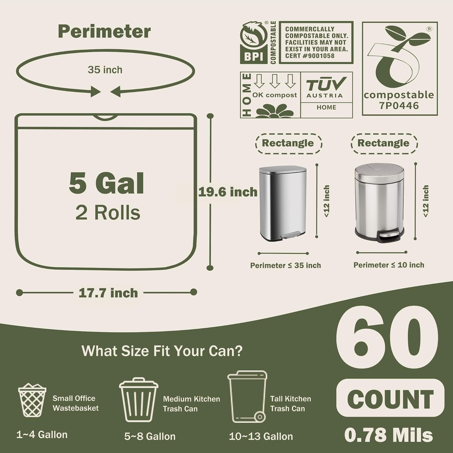 Compostable Bin Liners 20 Liter with Drawstring Tear off Extra Thick Biodegradable Bin Bags with Tie Handle BPI ASTM D6400 Europe OK Compost Home Certified 60 Counts Green (5 Gallon with Tie) image number 4