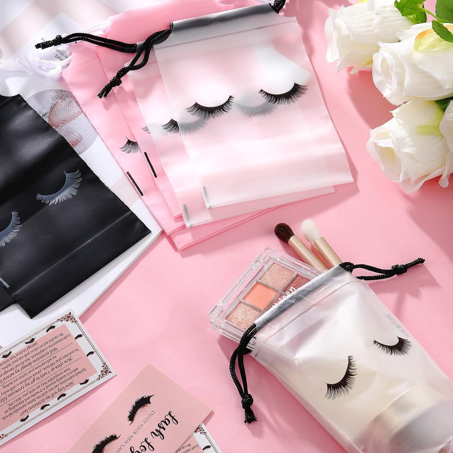 Reginary 60 Pieces Eyelash Cosmetic Bags Mini Small Lash Aftercare Bag Shampoo Bath Bags Plastic Organizer Jewelry Storage Gift Bag Pack for Travel Packaging Small Business, 3 Colors, 4 X 6 Inch image number 2