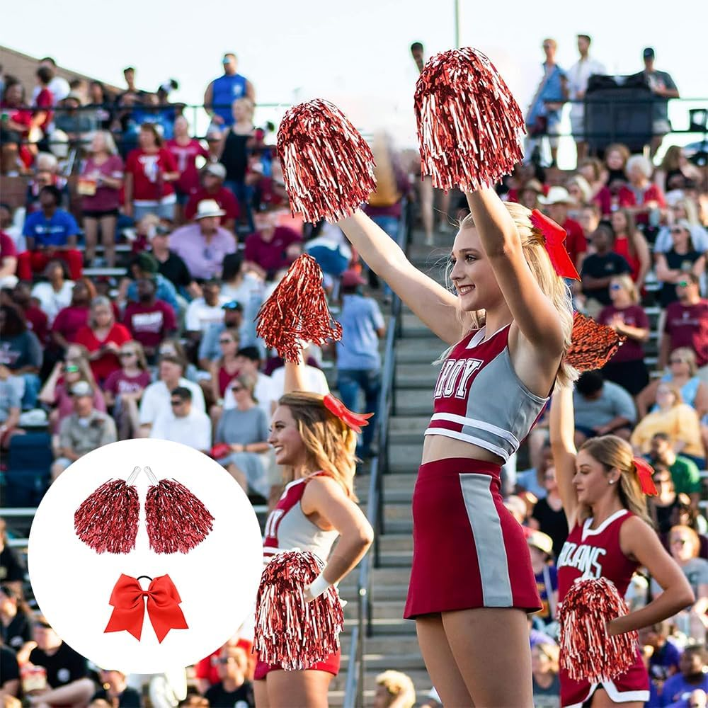 Cheerleader Pom Poms & Hair Accessories Set &mdash; 8-Inch Oversized Bow Hair Ties, DIY Handheld Flower Pom Poms, Cheer Bobbles & Hair Bows for Sports Teams, Dance Performances, Events （Red） image number 2