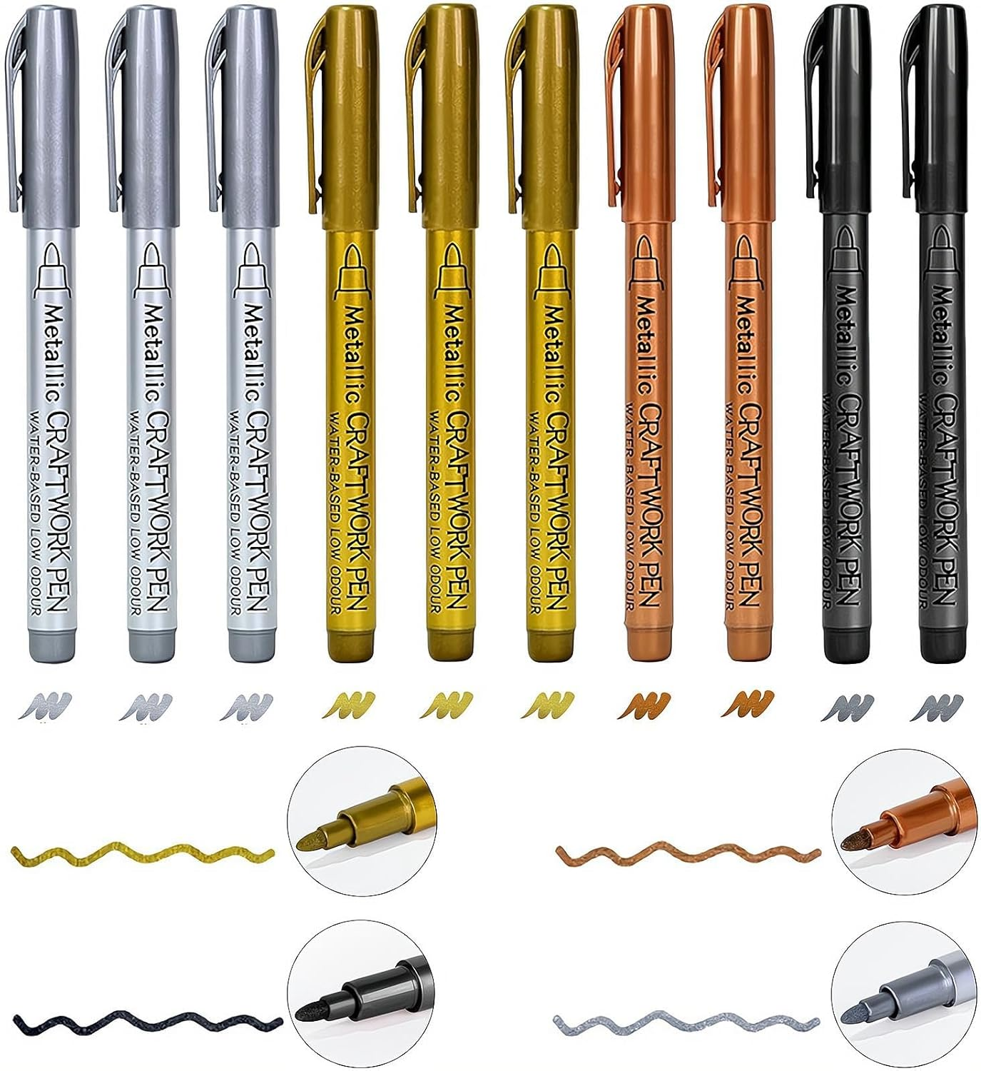 REGODI 10 Pack Set of 2 Metallic Color 2 Black 3 Gold 3 Silver Acrylic Paint Pens for Rock Painting, DIY Card, Pebble Art, Scrapbooking, Fabric, Metal, Ceramics, Wine Glass image number 3