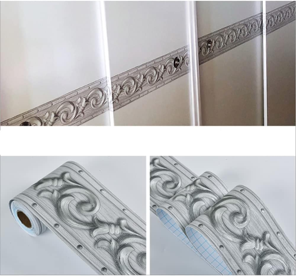 Self-Adhesive Wallpaper Border Decal, Silver/Yellow Bathroom Tile Stickers, Waterproof Kitchen Wall Borders, Embossed Waistline Backsplash - 1Pcs Yellow image number 2