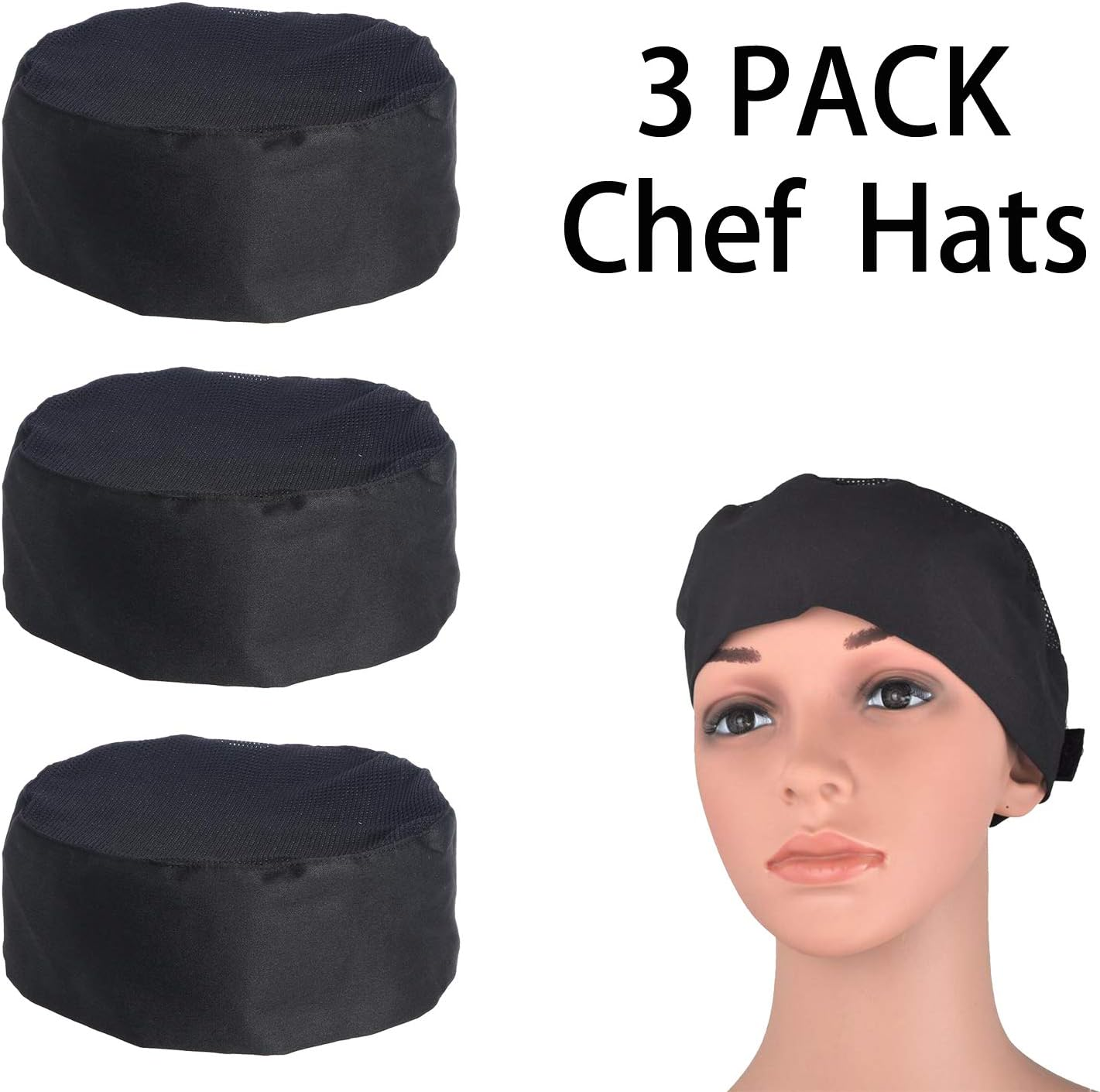 Breathable Mesh Top Skull Cap Catering Chefs Hat with Adjustable Strap Black, Black, One Size image number 1
