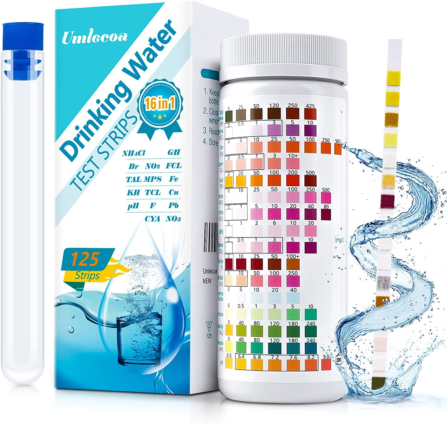 16 in 1 Premium Water Test Kit - 125 Home Water Quality Test Strips for Well and Tap Test Kit - Testing for Ph, Hardness, Chlorine, Lead, Iron, Copper, Nitrate, Nitrite, Etc image number 1